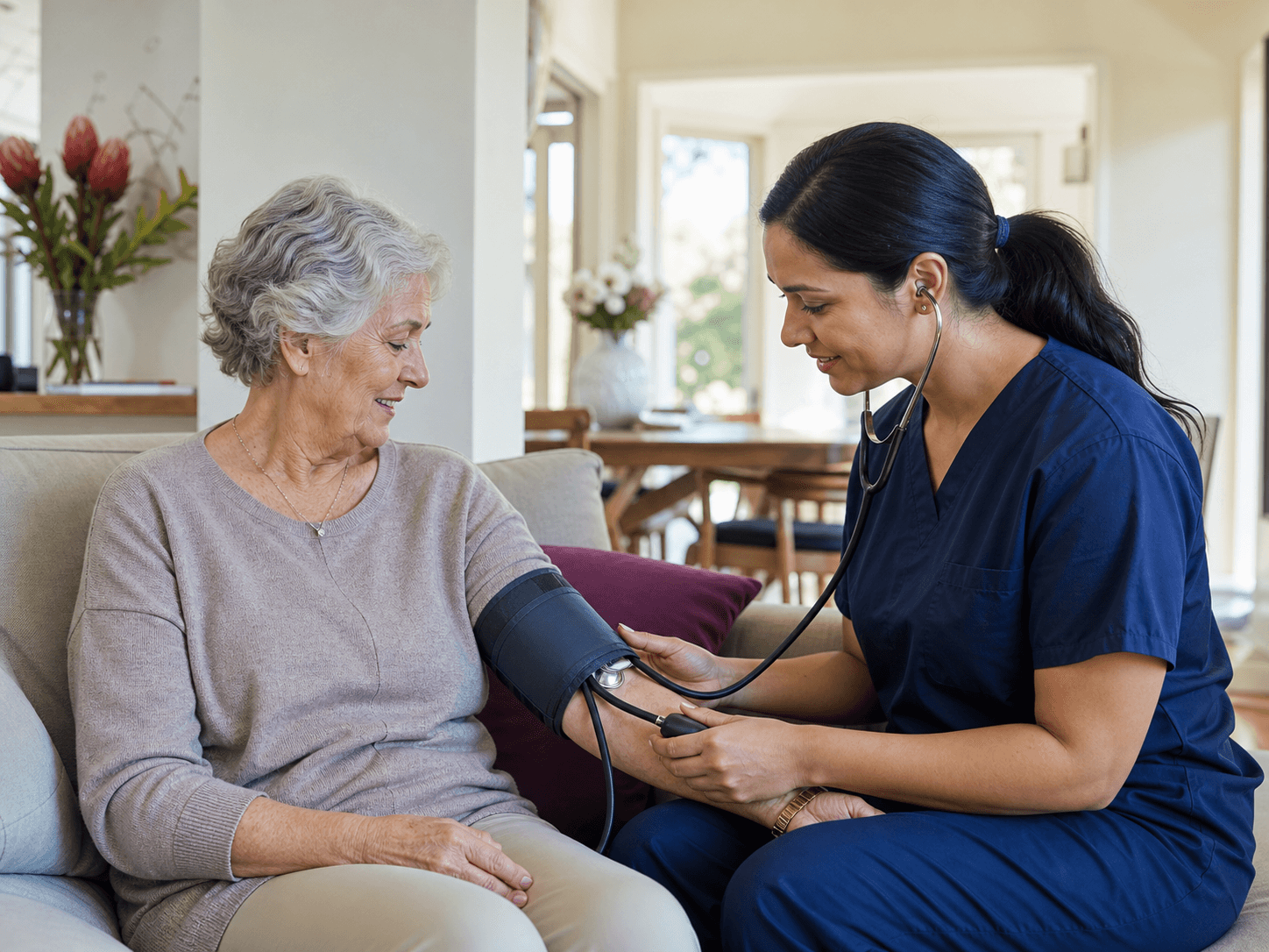 A nurse completing a routine blood pressure check in a client’s home