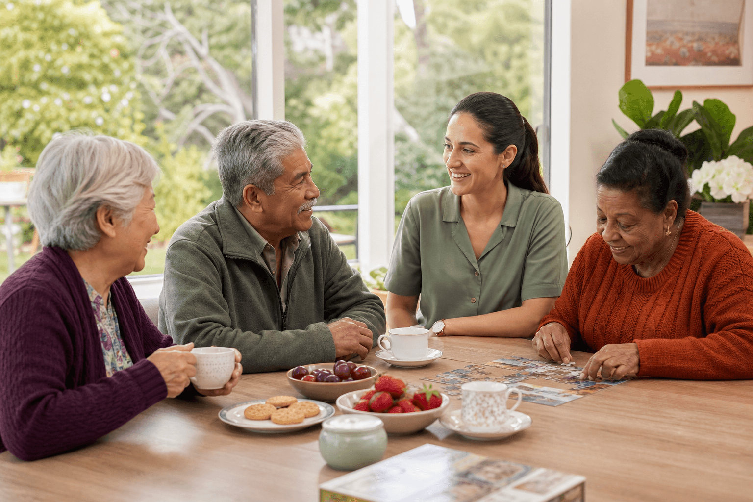 A culturally diverse group of older adults connecting at a community morning tea